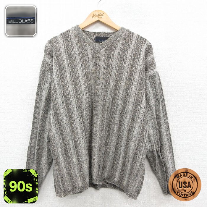 【50%OFF】90s 長袖セーター 手織り ベージュストライプ L | 古着