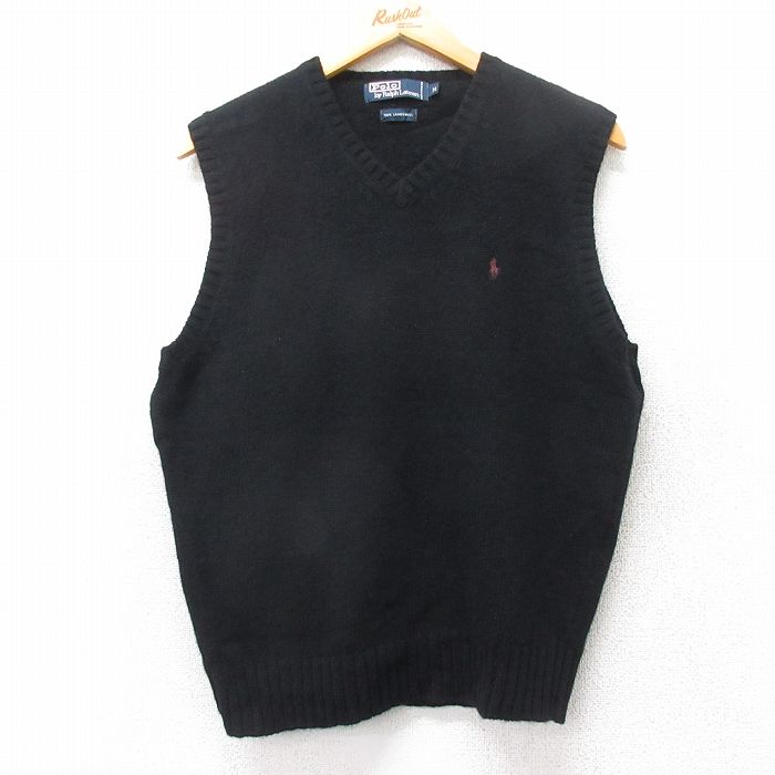 M★古着 ラルフローレン ブランド ニット ベスト メンズ 90年代 90s ワンポイントロゴ ラムウール Vネック 黒 26jan15