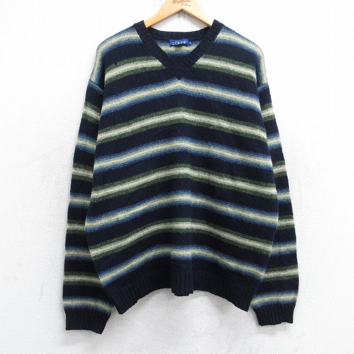 XL★古着 ジェイクルー 長袖 セーター メンズ ウール Vネック 紺他 ボーダー 26jan16