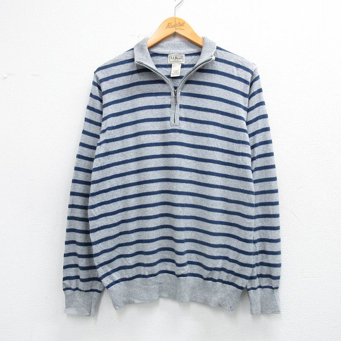 L★古着 エルエルビーン 長袖 ハーフジップ セーター メンズ 00年代 00s カシミア カシミヤ グレー他 ボーダー 26jan17