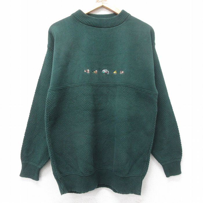L★古着 オービス 長袖 セーター メンズ 90年代 90s ルアー 刺繍 コットン クルーネック USA製 緑【spe】 26jan20
