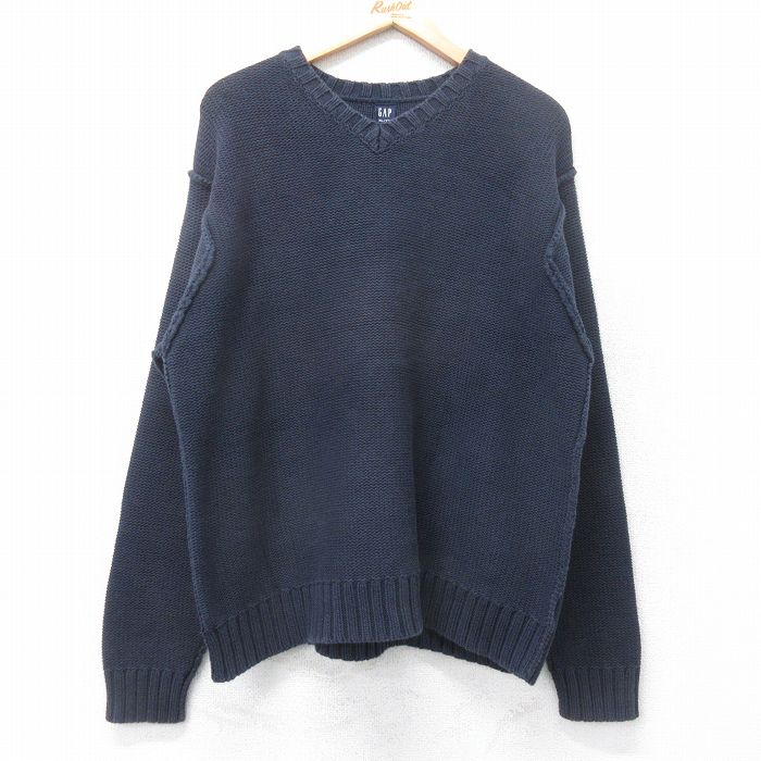 L★古着 ギャップ GAP 長袖 セーター メンズ 00年代 00s コットン Vネック 紺 26jan20