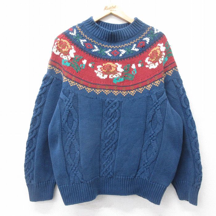 XL★古着 長袖 ケーブル セーター メンズ 90年代 90s 花 コットン クルーネック 紺他 26jan20