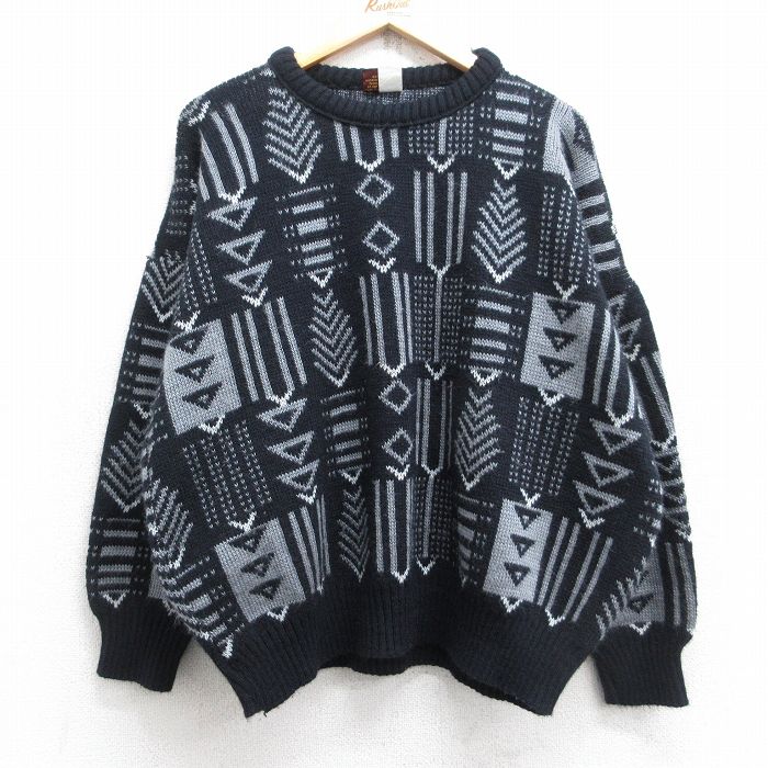 XL★古着 長袖 セーター メンズ 90年代 90s 総柄 大きいサイズ アクリル クルーネック USA製 黒他 26jan22