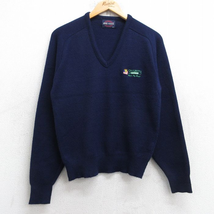 S★古着 長袖 セーター メンズ 80年代 80s セキュリティ アクリル Vネック USA製 紺 26jan22