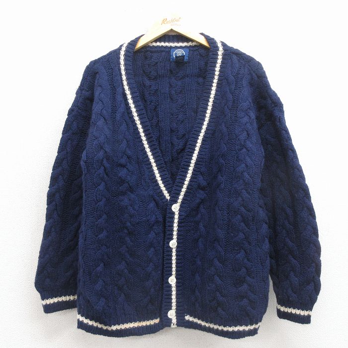 L★古着 ギャップ GAP 長袖 ケーブル ニット カーディガン メンズ 90年代 90s 手編み ウール 紺他【spe】 26jan22