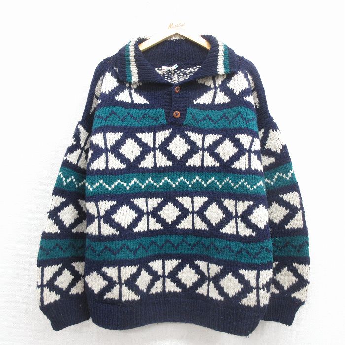 XL★古着 長袖 セーター メンズ ウール エクアドル製 紺他 26jan22