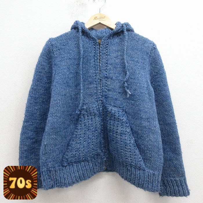 70s 長袖フルジップニットカーディガン ネイビー M | 古着