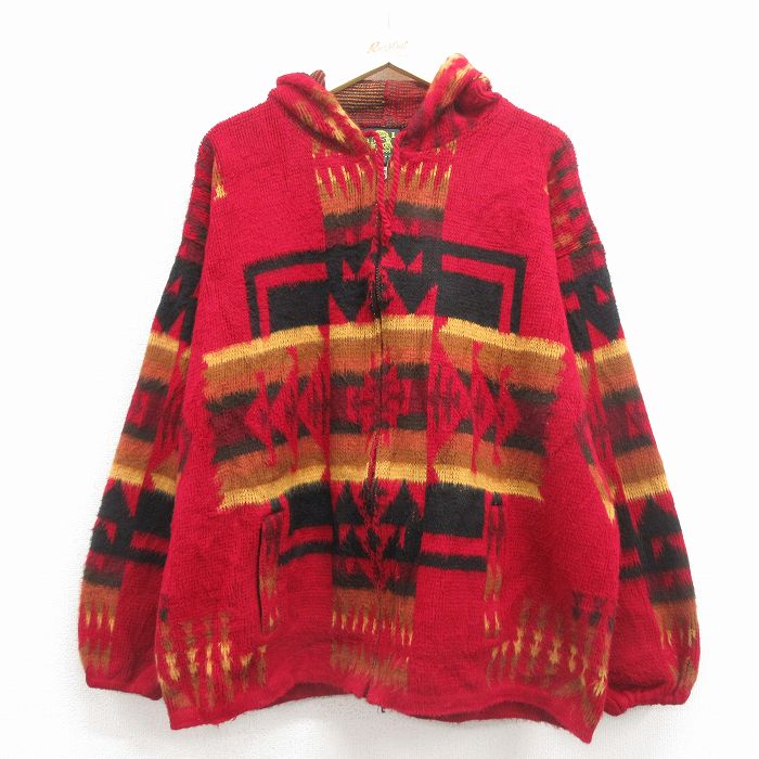 【20%OFF】TEJIDOS RUMINAHUI 長袖フルジップニットカーディガン ネイティブ柄 レッド XL | 古着
