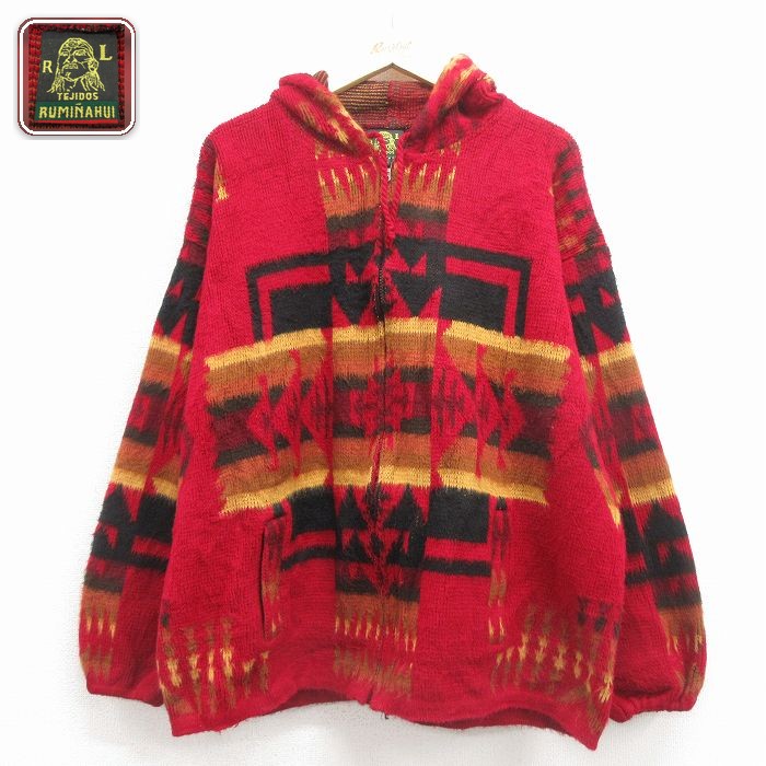 TEJIDOS RUMINAHUI 長袖フルジップニットカーディガン ネイティブ柄 レッド XL | 古着