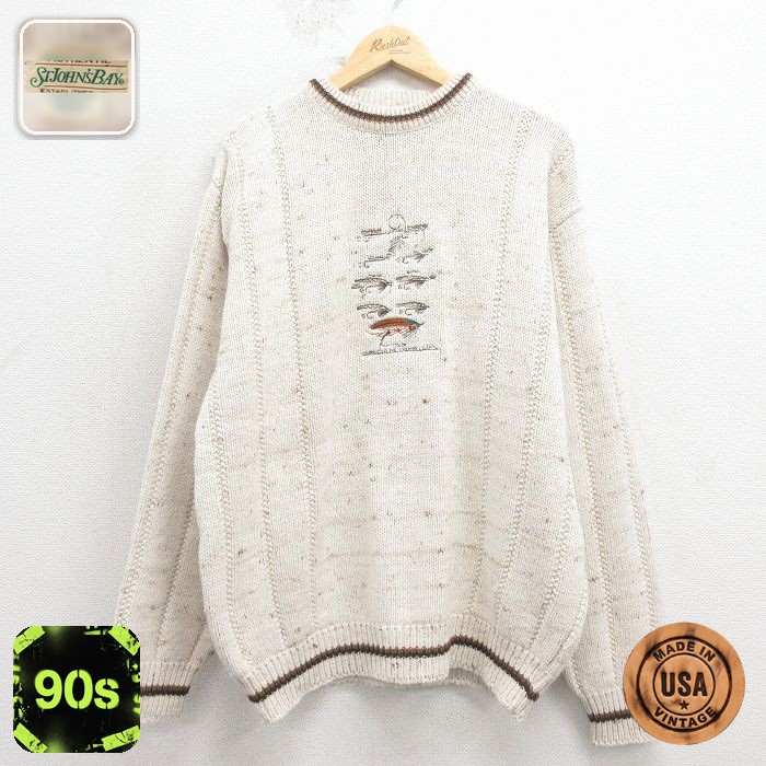 【50%OFF】90s 長袖セーター ルアー刺繍 ベージュ XL | 古着