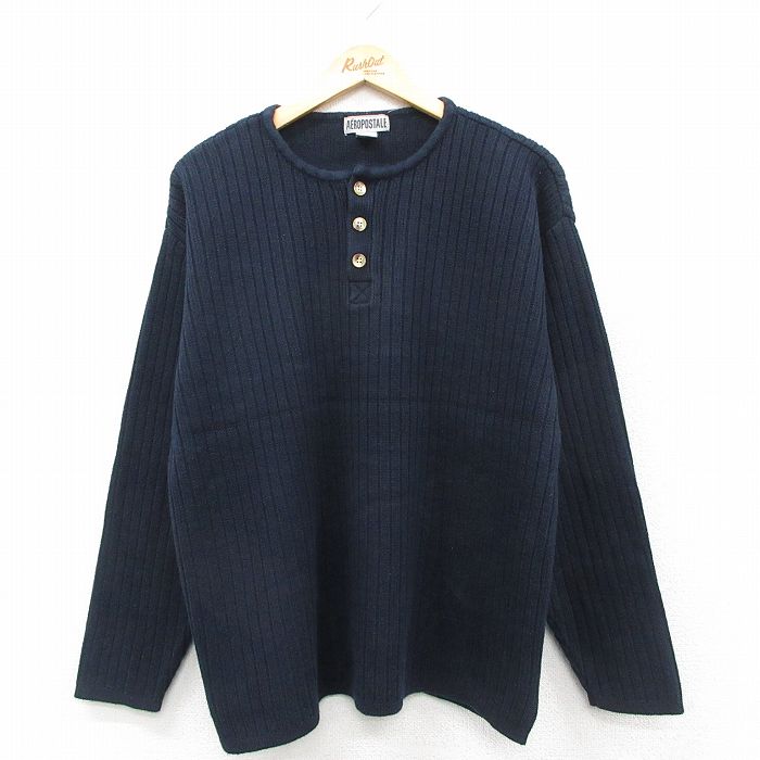 L★古着 エアロポステール 長袖 セーター メンズ 90年代 90s コットン ヘンリーネック 紺 26jan26