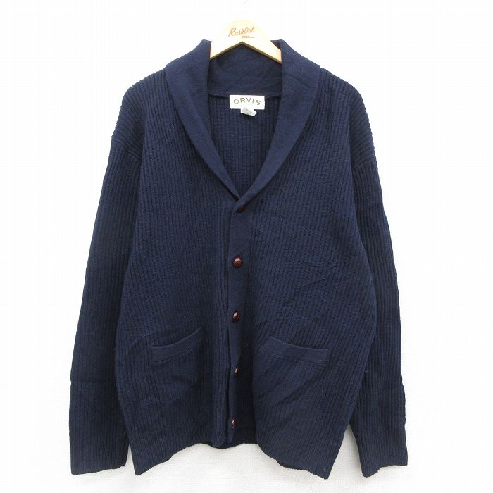 XL★古着 オービス 長袖 ニット カーディガン メンズ 00年代 00s ラムウール ショールカラー 紺 26jan29