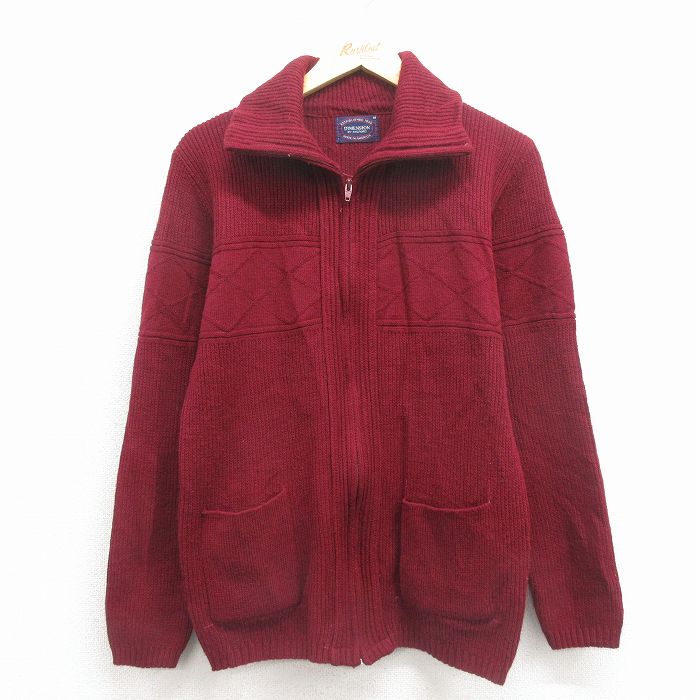 S★古着 長袖 フルジップ ニット カーディガン メンズ 80年代 80s USA製 エンジ 26feb02