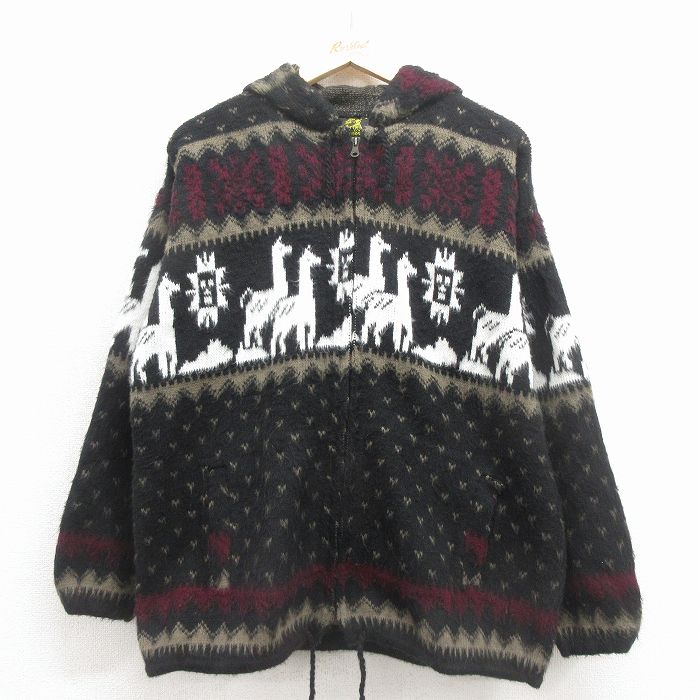 L★古着 TEJIDOS RUMINAHUI 長袖 フルジップ ニット カーディガン パーカー メンズ アルパカ エクアドル製 黒他【spe】 26feb02