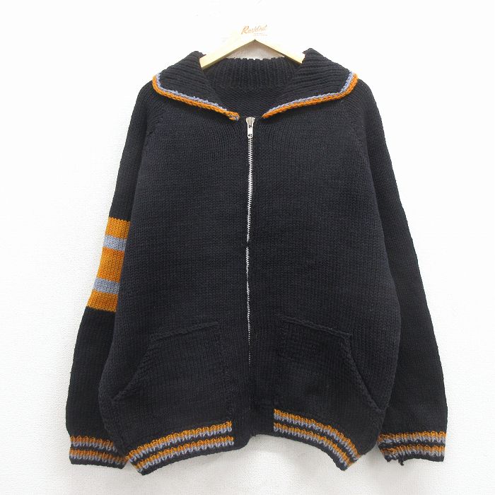 XL★古着 長袖 フルジップ ニット カーディガン メンズ ラグラン 黒他 26feb02