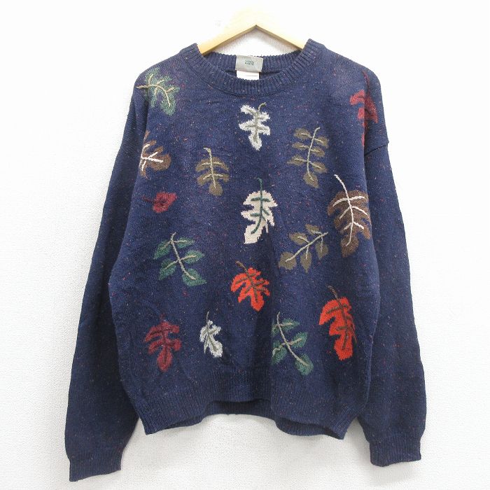 XL★古着 NORTHERN REFLECTIONS 長袖 セーター メンズ 00年代 00s 葉 クルーネック 紺他 26feb02