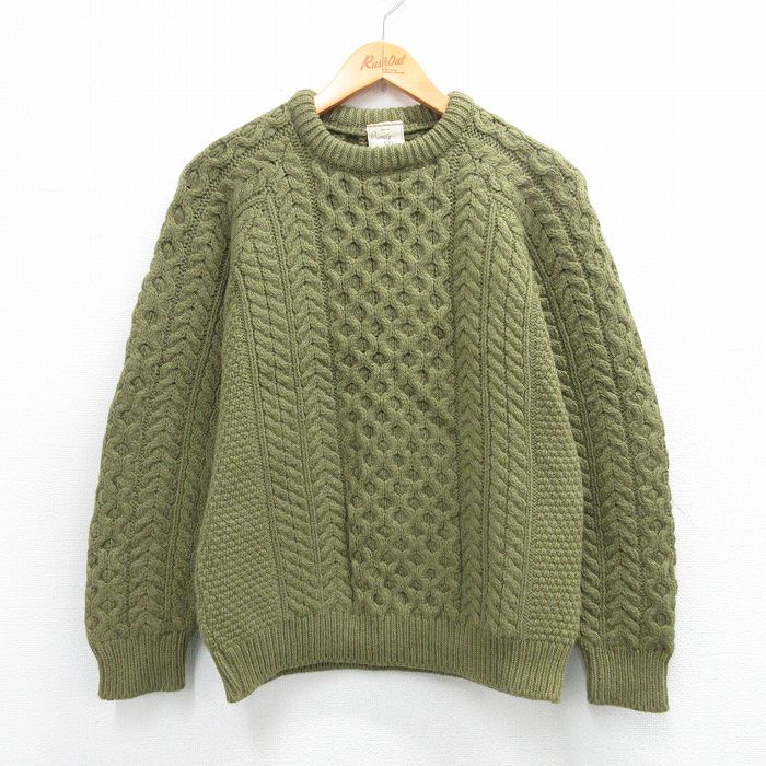 M★古着 長袖 アラン フィッシャーマン ケーブル セーター メンズ 90年代 90s ウール クルーネック アイルランド製 緑系【spe】26feb03