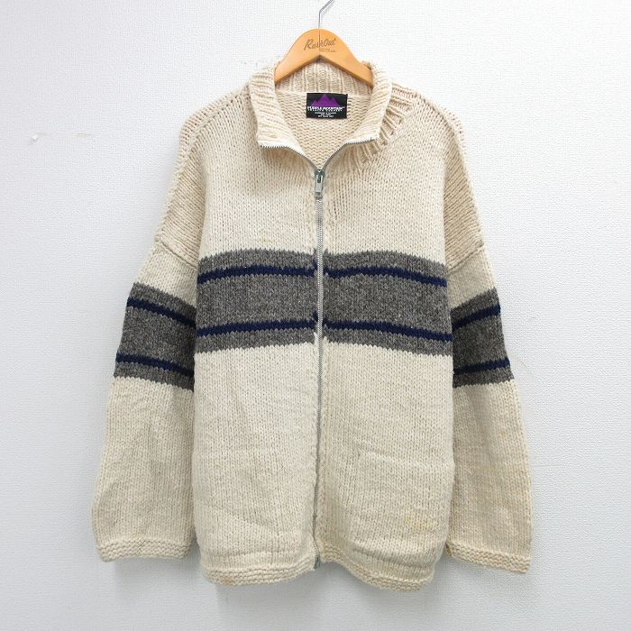 XL★古着 長袖 フルジップ ニット カーディガン メンズ 90年代 90s ウール エクアドル製 生成り他26feb03
