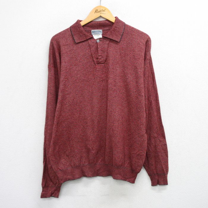 XL★古着 長袖 セーター メンズ 80年代 80s 襟付き カシミヤ カシミア スコットランド製 赤他 ボーダー【spe】 26feb04