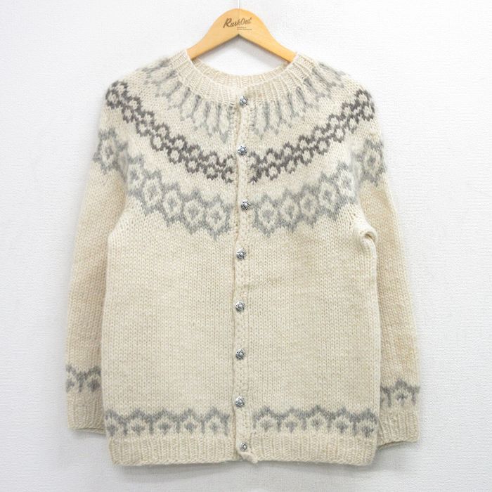 M★古着 長袖 ノルディック ニット カーディガン メンズ 80年代 80s ロパペイサ 手編み ハンドニット 生成り他【spe】 26feb04