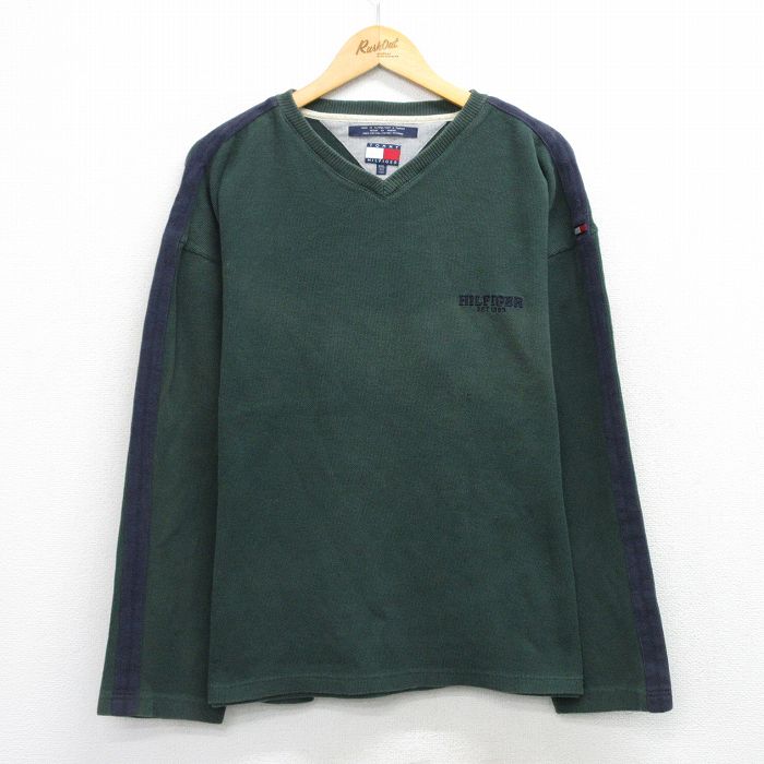 トミーヒルフィガー 90s 長袖セーター ワンポイントロゴ グリーン XL | 古着