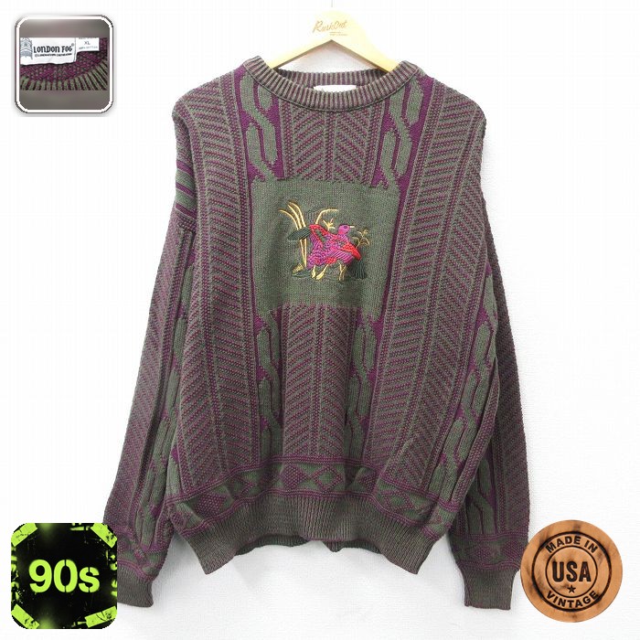 【50%OFF】ロンドンフォグ 90s 長袖セーター 鳥刺繍 グリーン XL | 古着