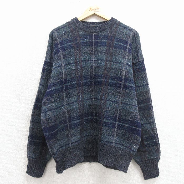シェットランドウール 90s 長袖セーター ネイビーチェック L | 古着