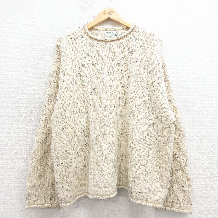 XL★古着 長袖 アラン フィッシャーマン ケーブル セーター メンズ ウール モックネック ハイネック アイルランド製 生成り【spe】 26feb12