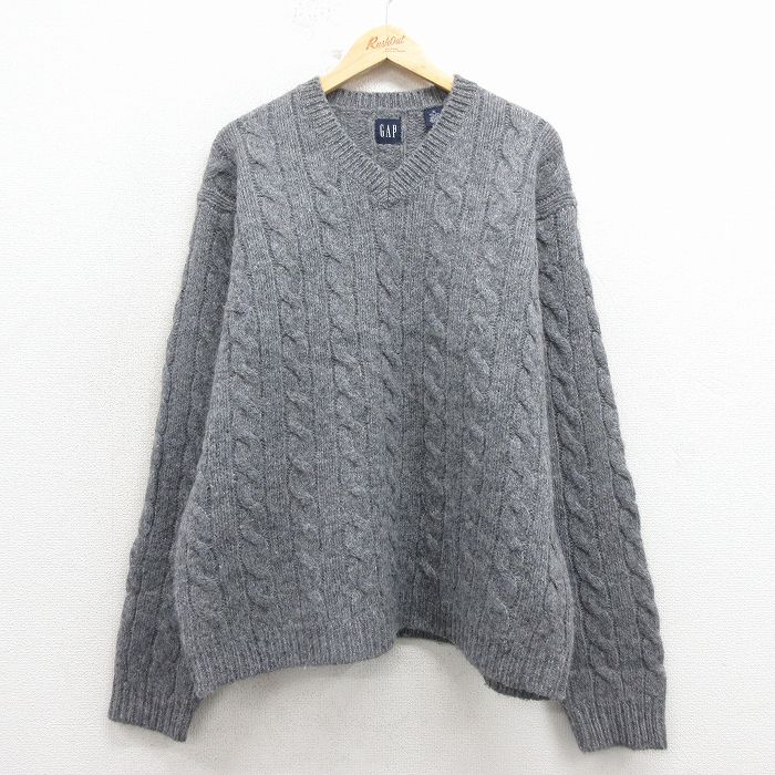 XL★古着 ギャップ GAP 長袖 ケーブル セーター メンズ 00年代 00s ウール Vネック グレー 霜降り 26feb12