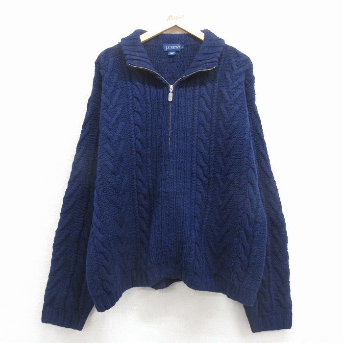 XL★古着 ジェイクルー 長袖 フルジップ ケーブル ニット カーディガン 00年代 00s 大きいサイズ ウール 紺【spe】 26feb12