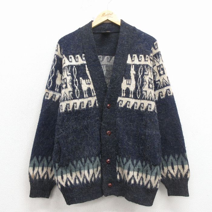 L★古着 TEJIDOS RUMINAHUI 長袖 ニット カーディガン メンズ アルパカ ウール ラグラン エクアドル製 黒他【spe】 26feb12