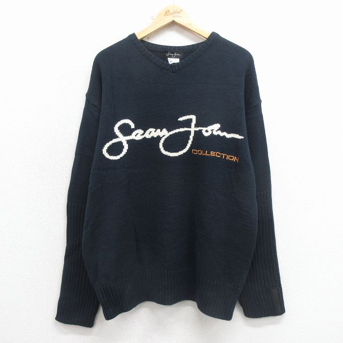 XL★古着 ショーンジョン 長袖 セーター メンズ ビッグロゴ Vネック 黒 26feb12