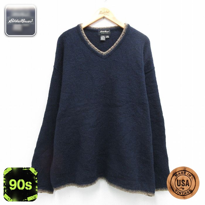 【50%OFF】エディーバウアー 90s 長袖セーター Vネック ネイビー XL | 古着