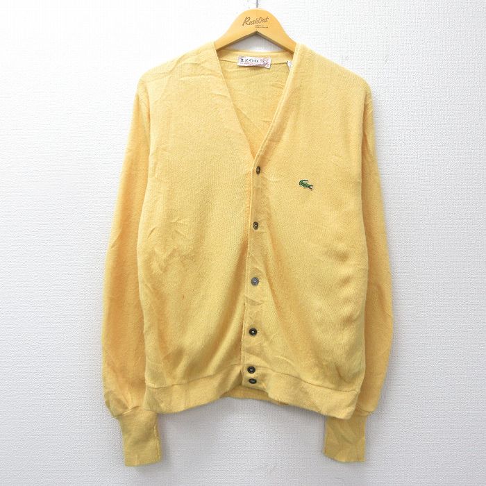 IZOD 70s 長袖ニットカーディガン ワンポイントロゴ イエロー L | 古着