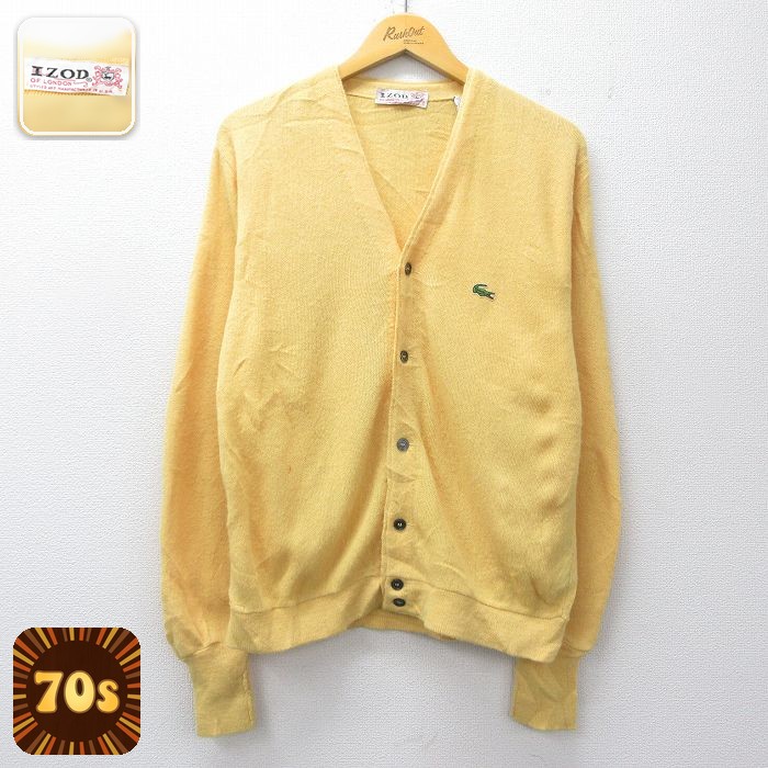 IZOD 70s 長袖ニットカーディガン ワンポイントロゴ イエロー L | 古着
