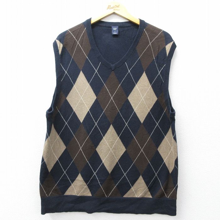L★古着 ギャップ GAP ニット ベスト メンズ アーガイル コットン 茶他 26feb13