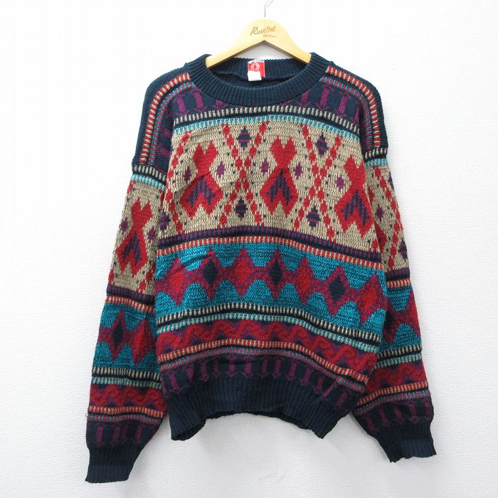 XL★古着 長袖 セーター メンズ 90年代 90s アクリル USA製 紺他【spe】 26feb13