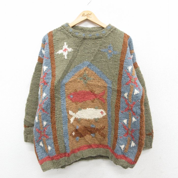 XL★古着 長袖 セーター メンズ 魚 手編み ハンドニット ウール クルーネック 緑系他 26feb13