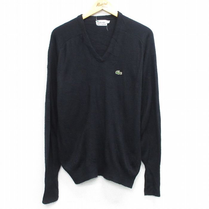 M★古着 ラコステ LACOSTE IZOD 長袖 ブランド セーター メンズ 80年代 80s ワンポイントロゴ アクリル ラグラン USA製 黒 26feb16