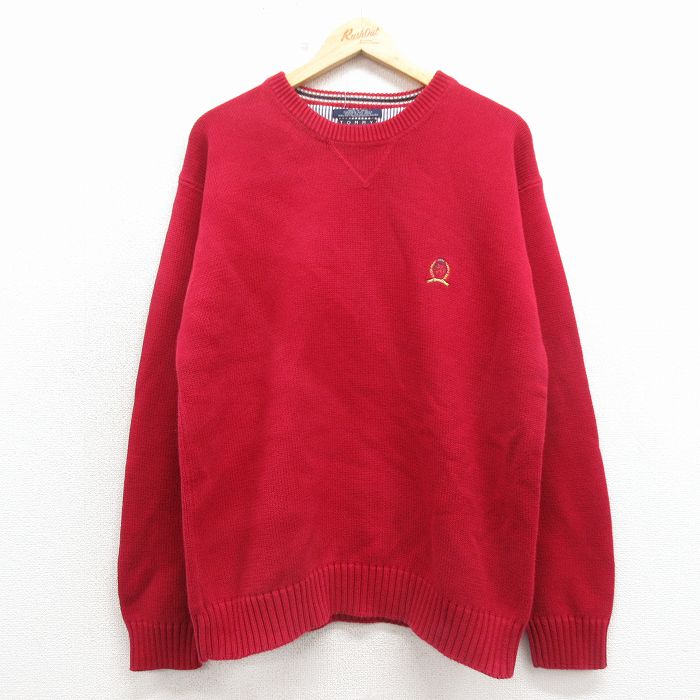 トミーヒルフィガー 90s 長袖セーター ワンポイントロゴ レッド L | 古着