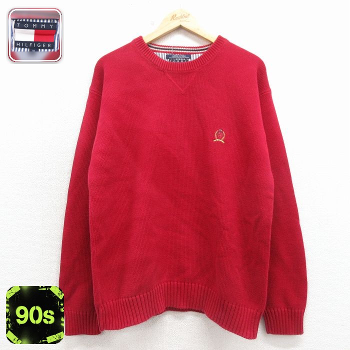 トミーヒルフィガー 90s 長袖セーター ワンポイントロゴ レッド L | 古着