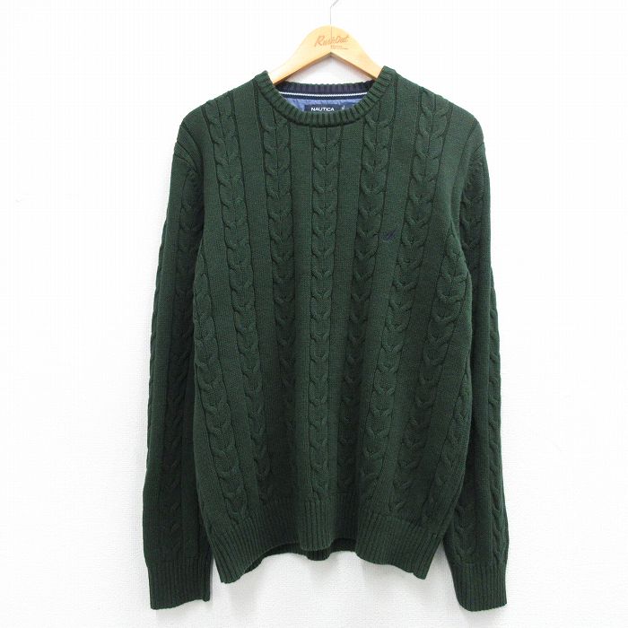 L★古着 ノーティカ 長袖 ブランド ケーブル セーター メンズ ワンポイントロゴ コットン クルーネック 緑 26mar04
