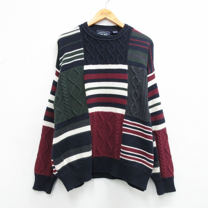 XL★古着 長袖 セーター メンズ パッチワーク コットン クルーネック エンジ他 26mar04