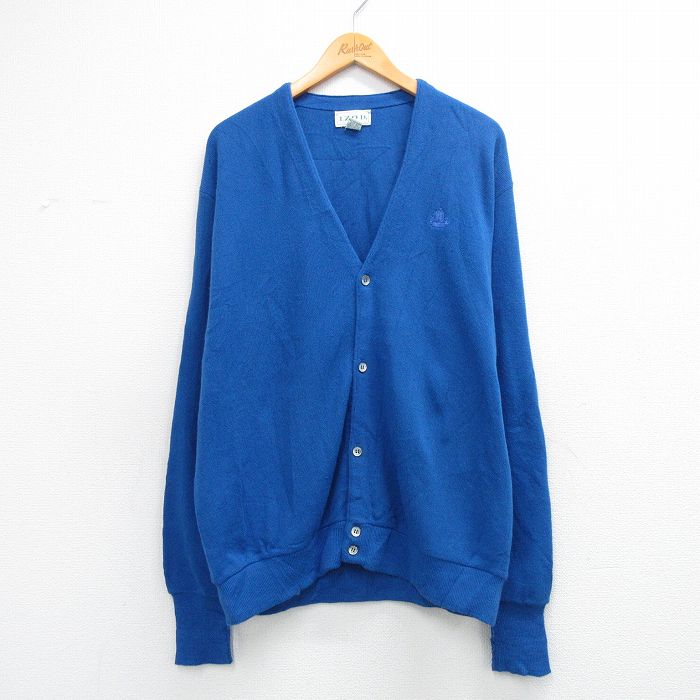 XL★古着 IZOD 長袖 ニット カーディガン メンズ 90年代 90s ワンポイントロゴ アクリル USA製 青 26mar04