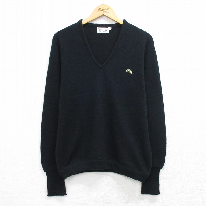 L★古着 ラコステ LACOSTE IZOD 長袖 セーター メンズ 80年代 80s ワンポイントロゴ アクリル Vネック 黒 26mar06