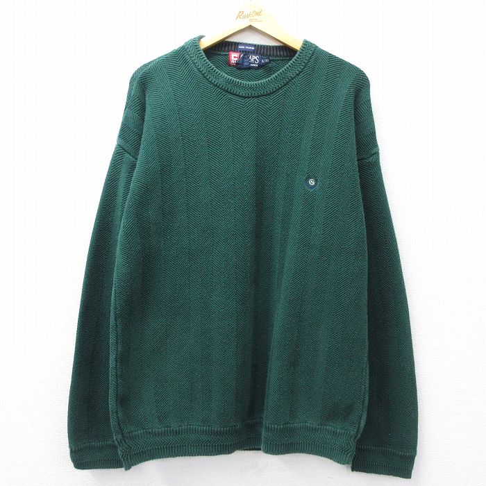 XL★古着 ラルフローレン チャップス 長袖 ブランド セーター メンズ 90年代 90s ワンポイントロゴ ヘリンボーン 手織り コットン クルーネック 緑 26mar11