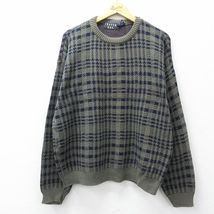 TRADER BAY 90s 長袖セーター グリーンチェック XL | 古着