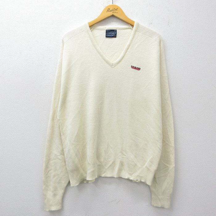 XL★古着 長袖 セーター メンズ 90年代 90s LEACH アクリル 大きいサイズ Vネック USA製 生成り 26mar11
