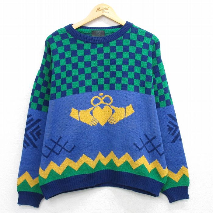 XL★古着 長袖 セーター メンズ 90年代 90s ハート 大きいサイズ アクリル クルーネック アイルランド製 紺他 26mar19